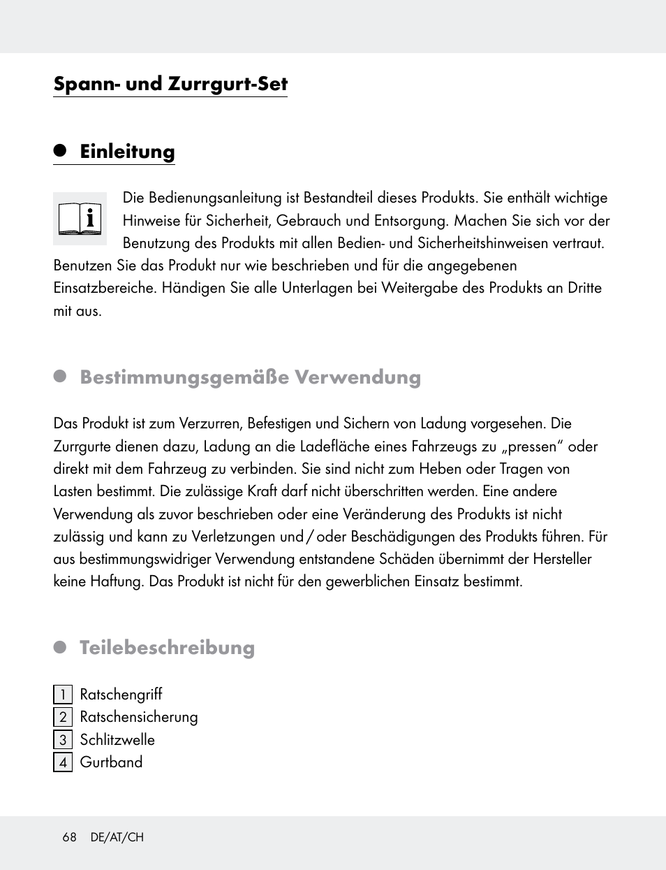 Spann- und zurrgurt-set, Einleitung, Bestimmungsgemäße verwendung | Teilebeschreibung | Powerfix 103749-14-01A User Manual | Page 68 / 78