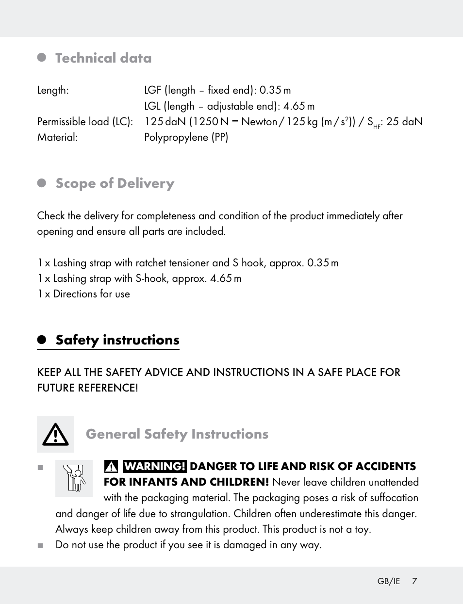 Technical data, Scope of delivery, Safety instructions | General safety instructions | Powerfix 103749-14-01A User Manual | Page 7 / 78