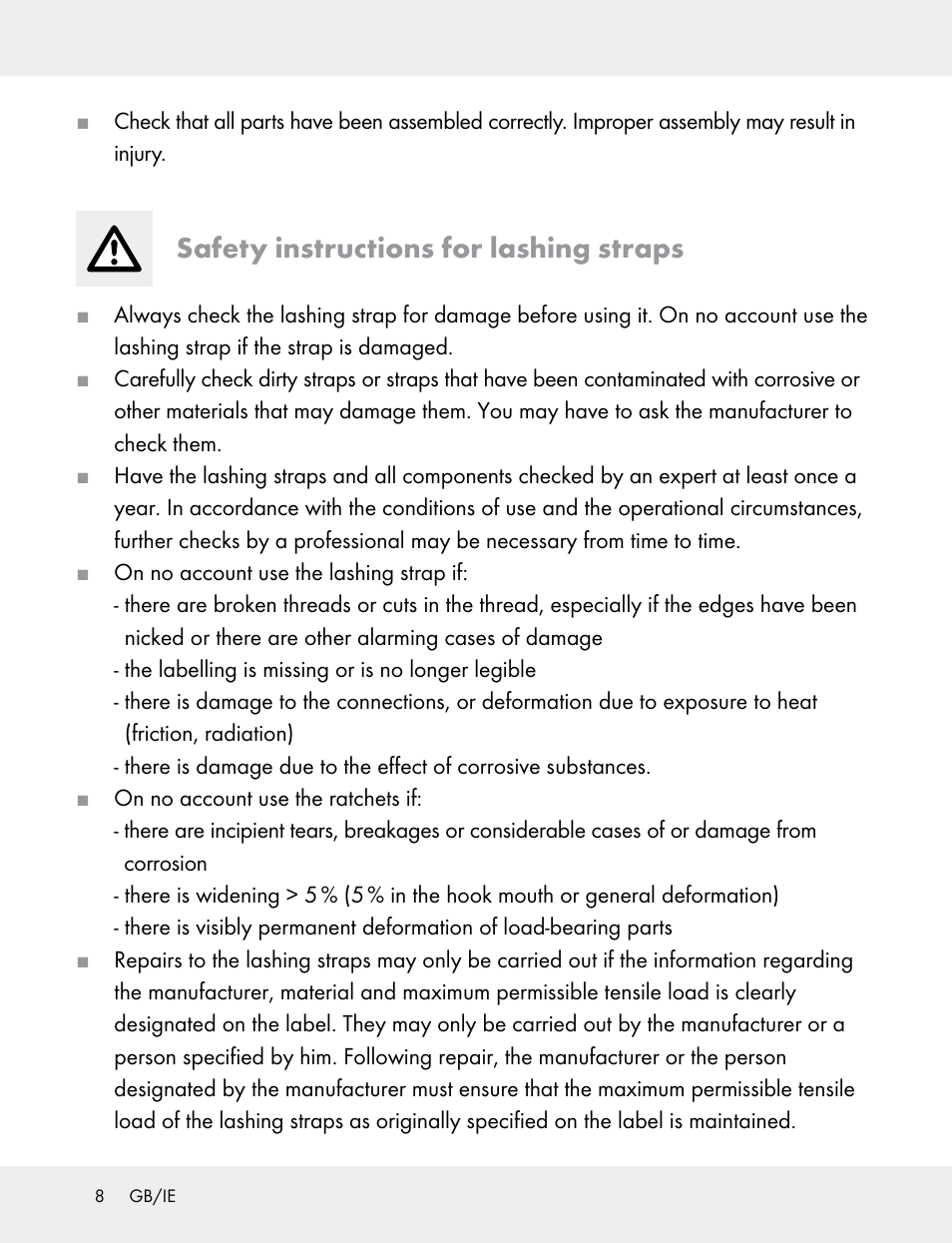 Safety instructions for lashing straps | Powerfix 103749-14-01A User Manual | Page 8 / 78