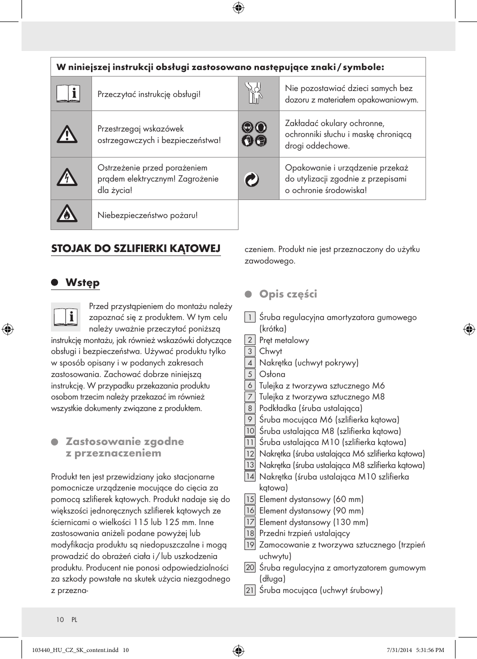 Stojak do szlifierki kątowej wstęp, Zastosowanie zgodne z przeznaczeniem, Opis części | Powerfix Z31780 User Manual | Page 12 / 49