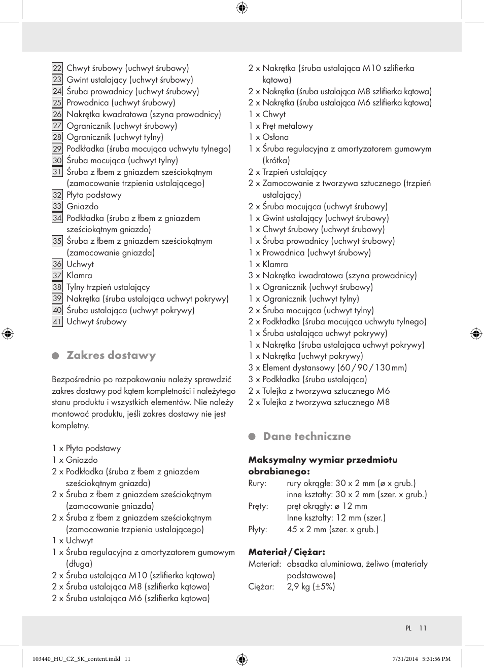 Zakres dostawy, Dane techniczne | Powerfix Z31780 User Manual | Page 13 / 49