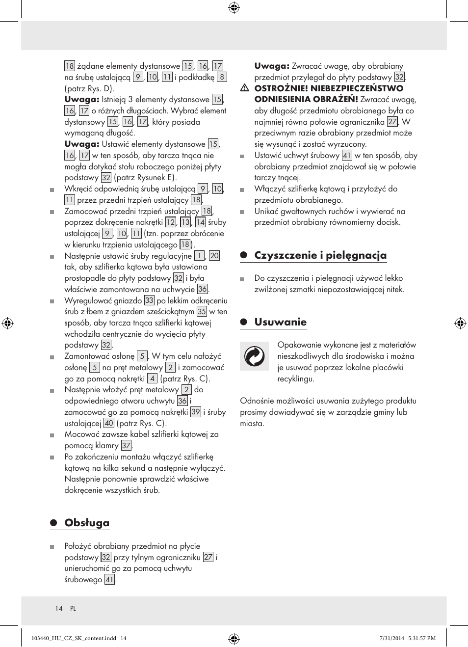 Obsługa, Czyszczenie i pielęgnacja, Usuwanie | Powerfix Z31780 User Manual | Page 16 / 49