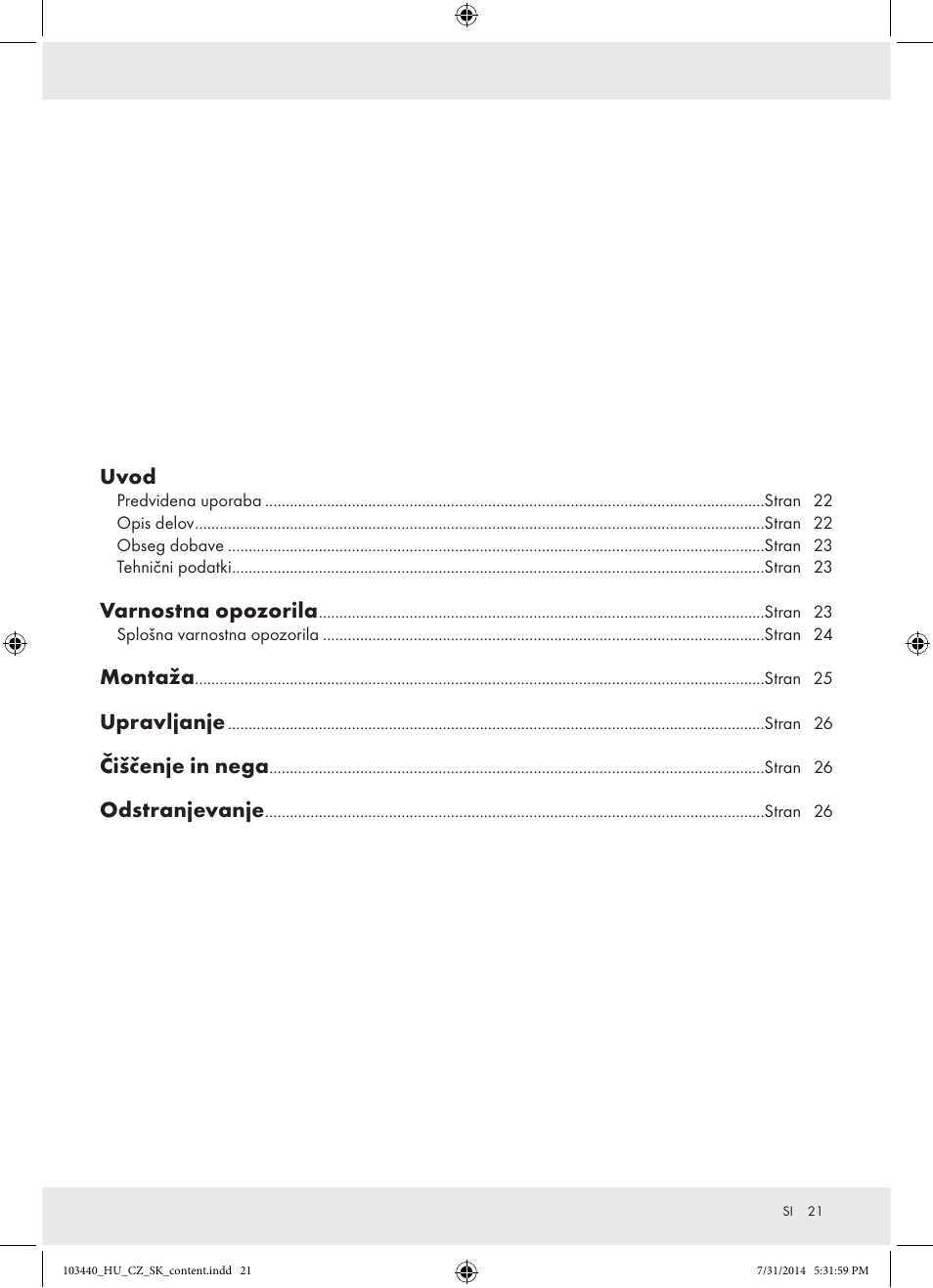 Uvod, Varnostna opozorila, Montaža | Upravljanje, Čiščenje in nega, Odstranjevanje | Powerfix Z31780 User Manual | Page 23 / 49