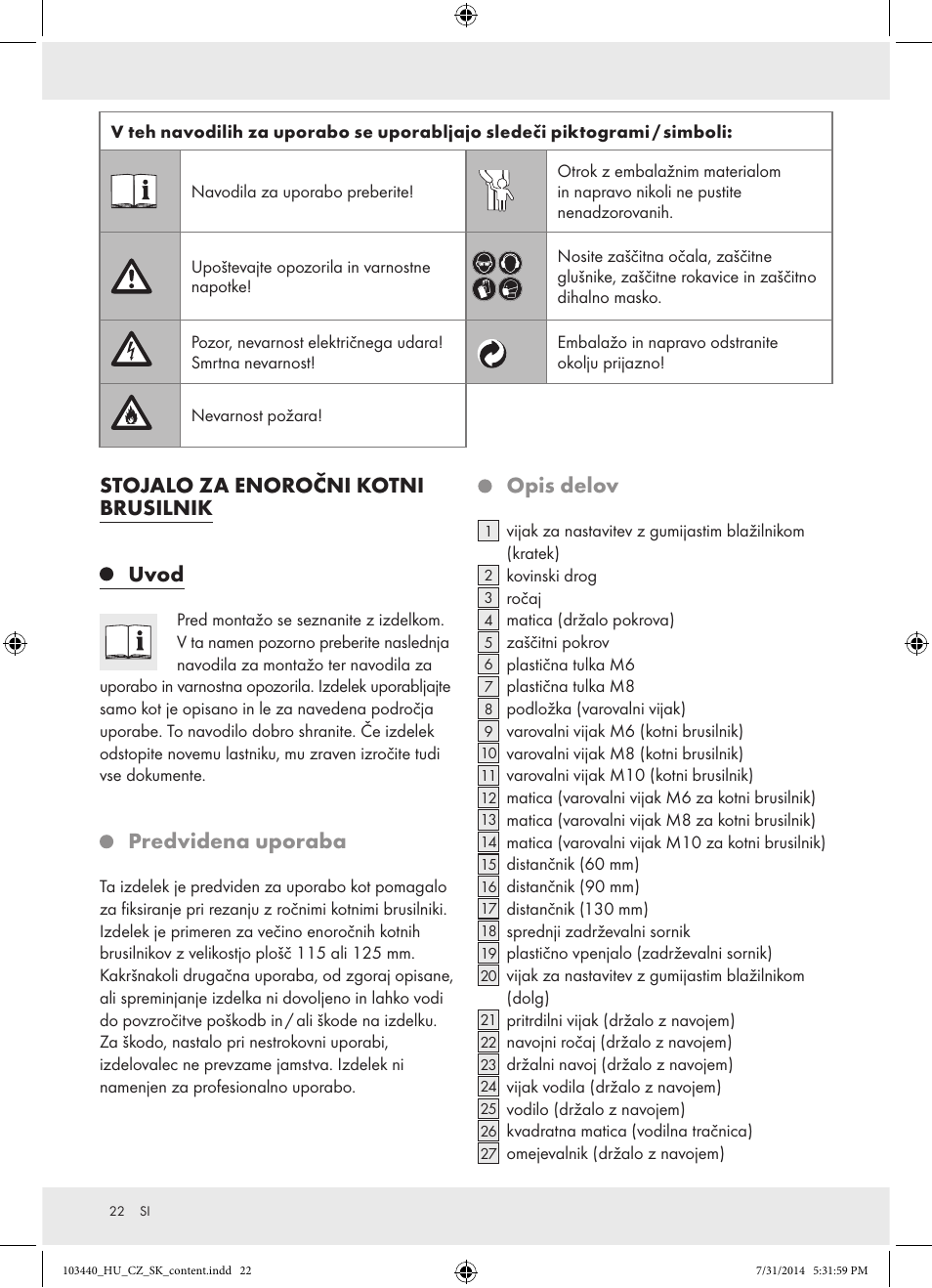 Stojalo za enoročni kotni brusilnik, Uvod, Predvidena uporaba | Opis delov | Powerfix Z31780 User Manual | Page 24 / 49