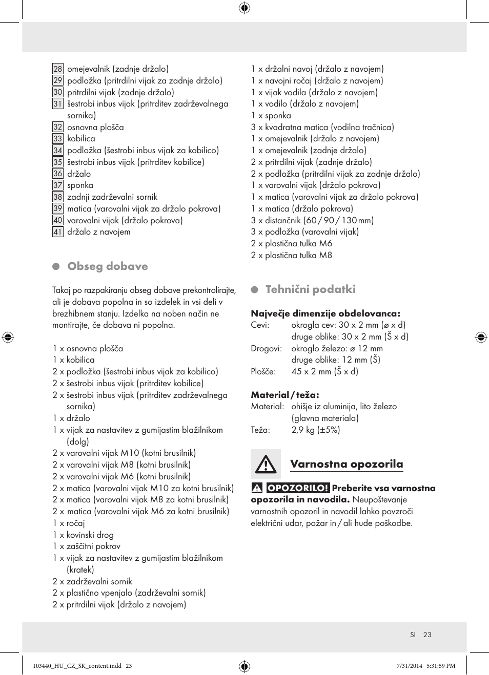 Obseg dobave, Tehnični podatki, Varnostna opozorila | Powerfix Z31780 User Manual | Page 25 / 49