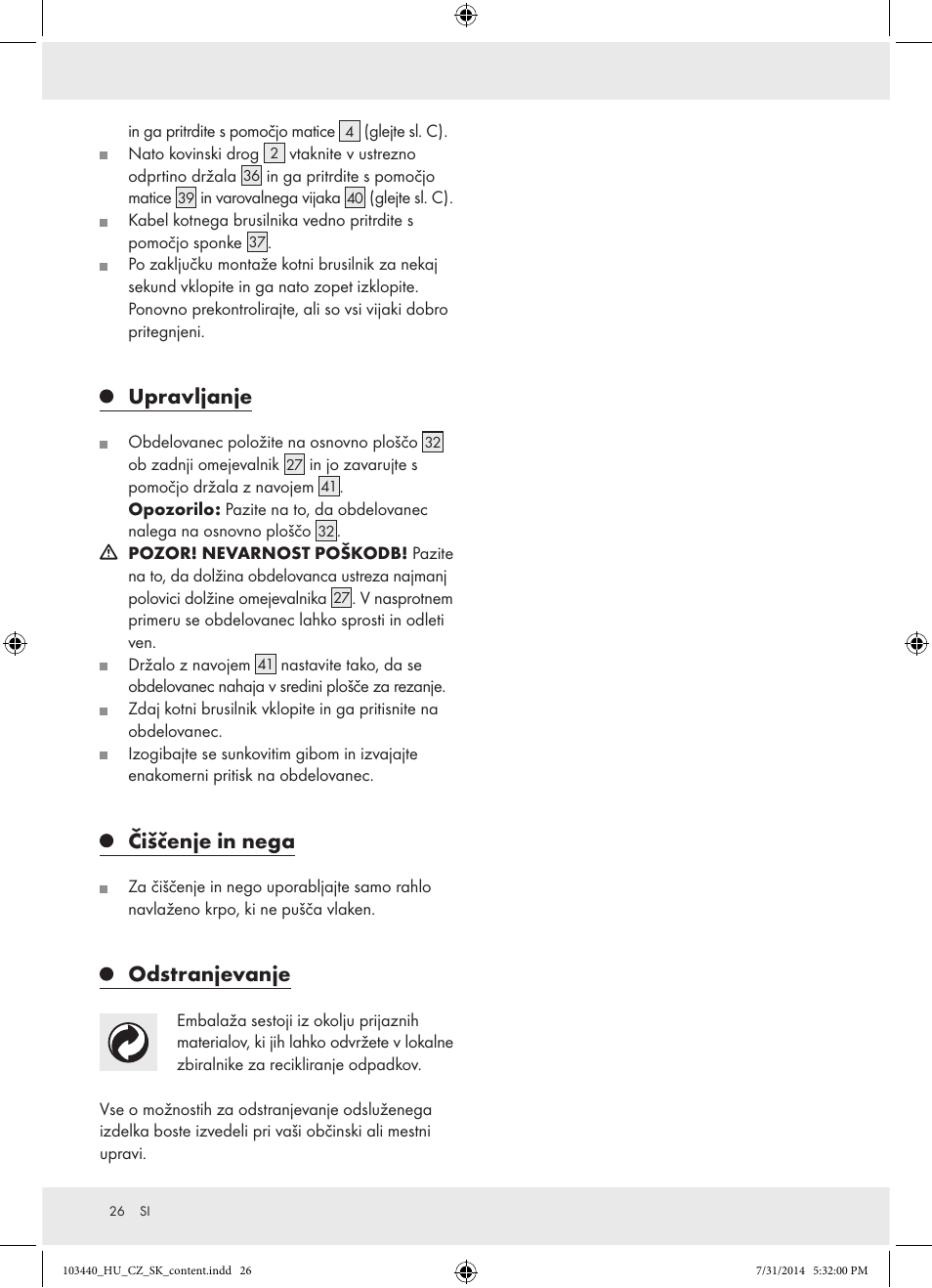 Upravljanje, Čiščenje in nega, Odstranjevanje | Powerfix Z31780 User Manual | Page 28 / 49