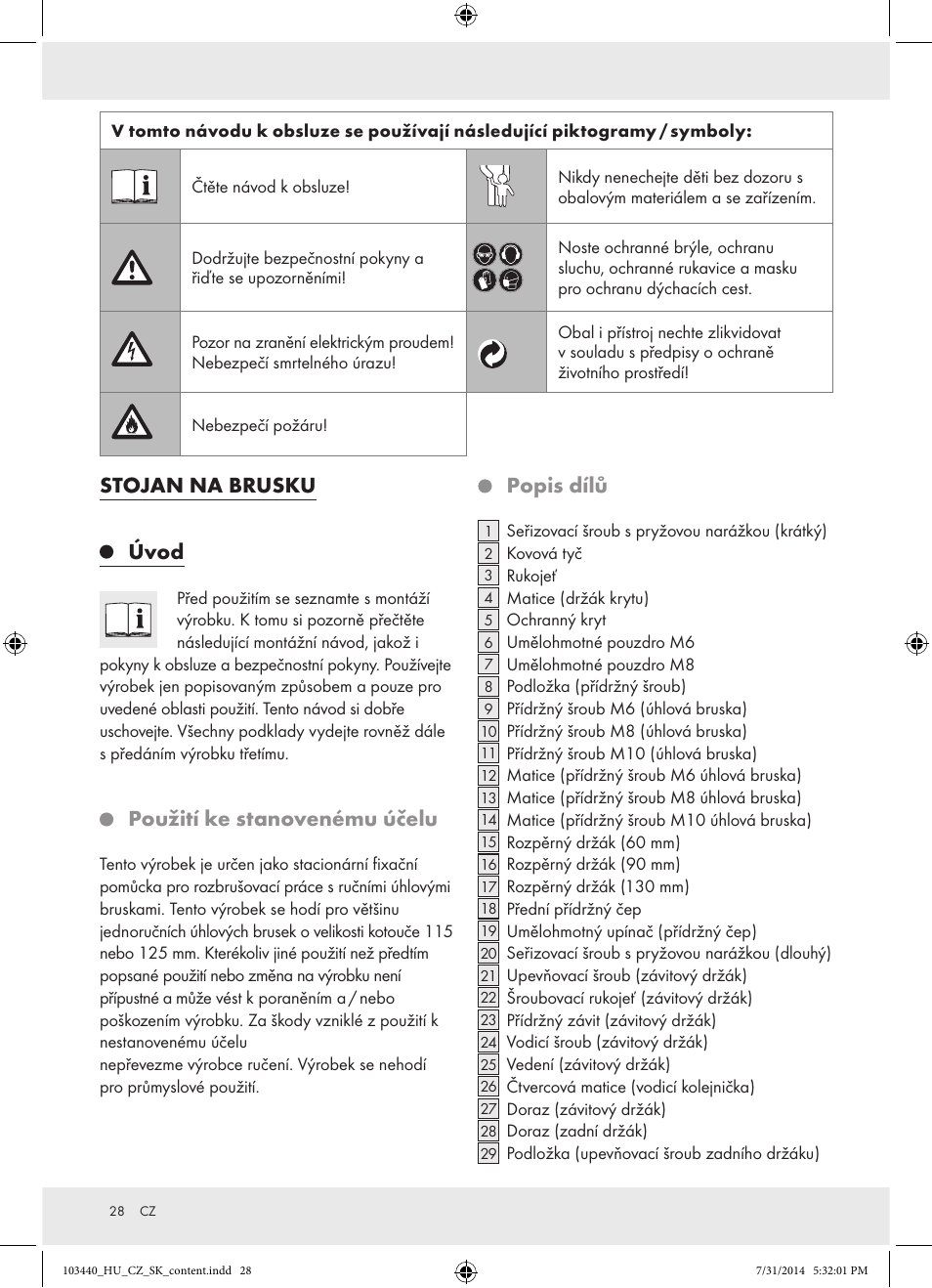 Stojan na brusku, Úvod, Použití ke stanovenému účelu | Popis dílů | Powerfix Z31780 User Manual | Page 30 / 49