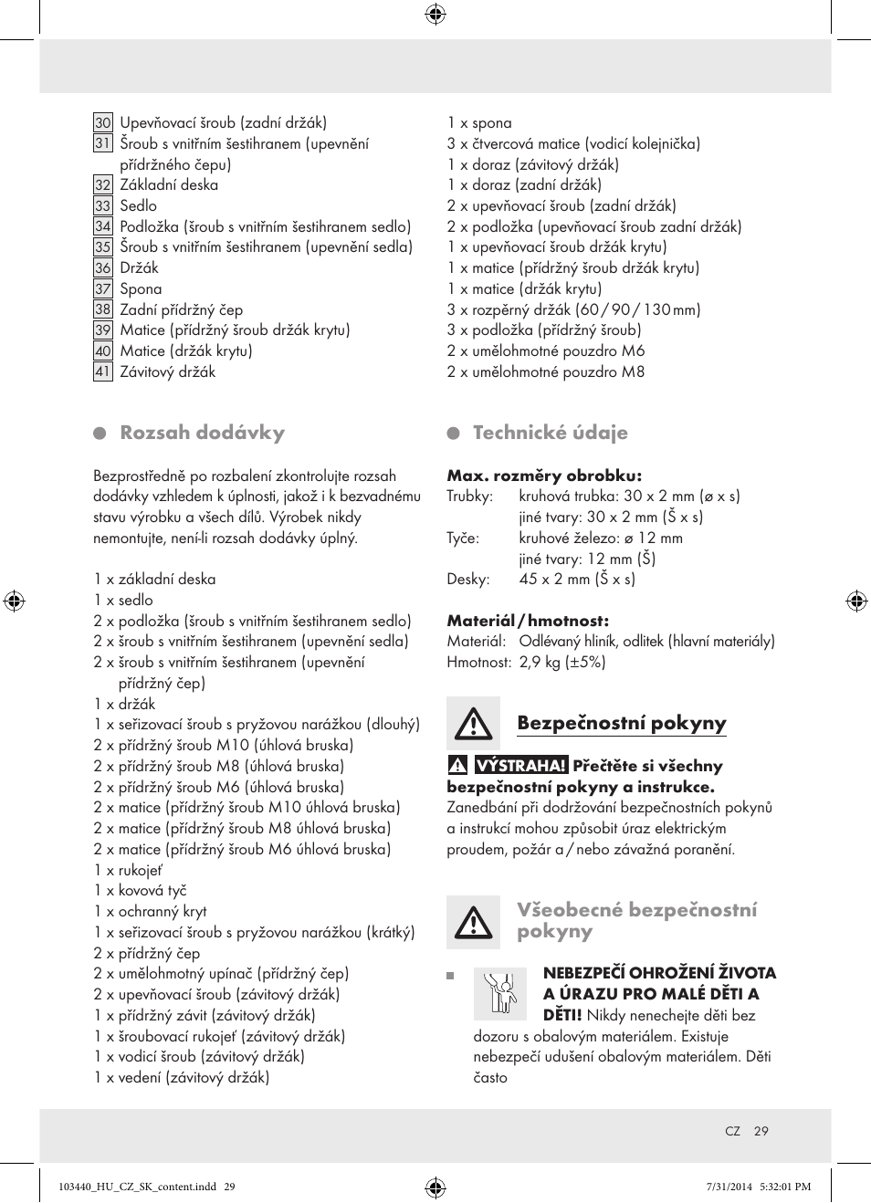 Rozsah dodávky, Technické údaje, Bezpečnostní pokyny | Všeobecné bezpečnostní pokyny | Powerfix Z31780 User Manual | Page 31 / 49