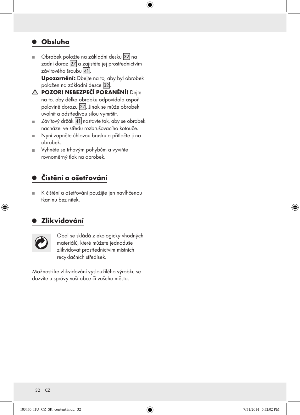 Obsluha, Čistění a ošetřování, Zlikvidování | Powerfix Z31780 User Manual | Page 34 / 49