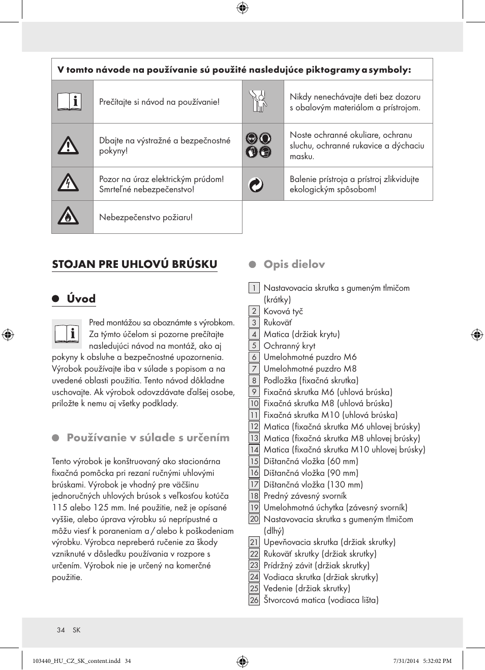 Stojan pre uhlovú brúsku, Úvod, Používanie v súlade s určením | Opis dielov | Powerfix Z31780 User Manual | Page 36 / 49