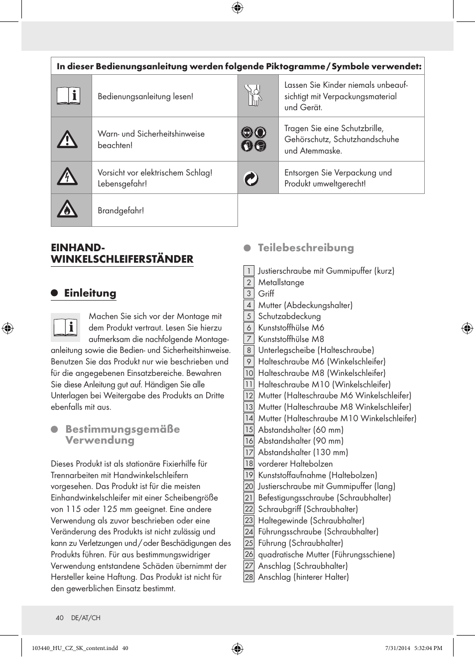 Einhand- winkelschleiferständer, Einleitung, Bestimmungsgemäße verwendung | Teilebeschreibung | Powerfix Z31780 User Manual | Page 42 / 49