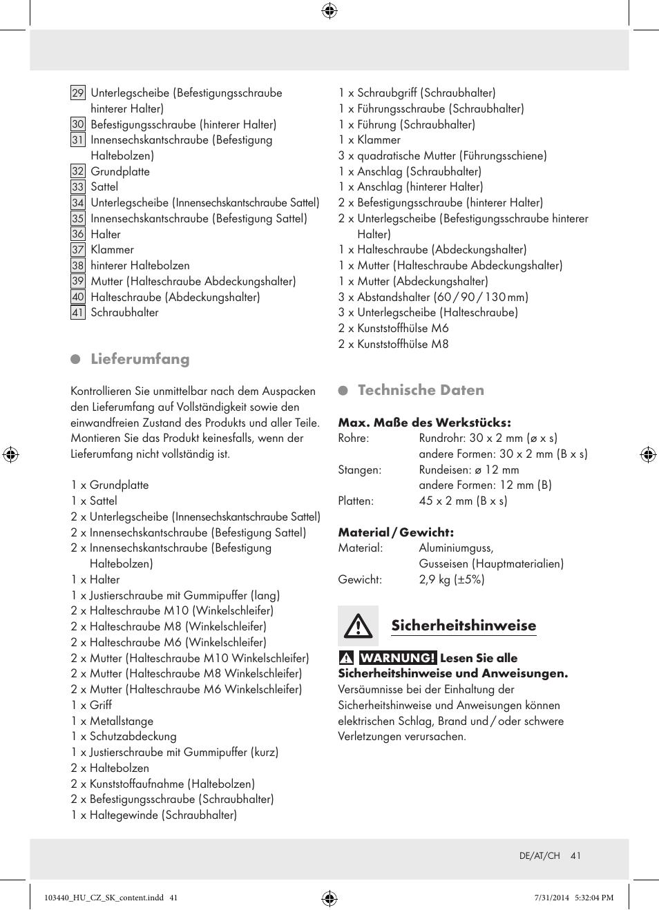 Lieferumfang, Technische daten, Sicherheitshinweise | Powerfix Z31780 User Manual | Page 43 / 49