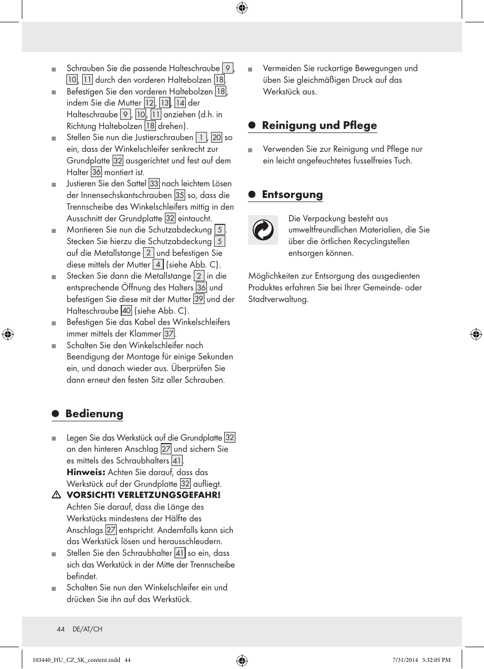Bedienung, Reinigung und pflege, Entsorgung | Powerfix Z31780 User Manual | Page 46 / 49