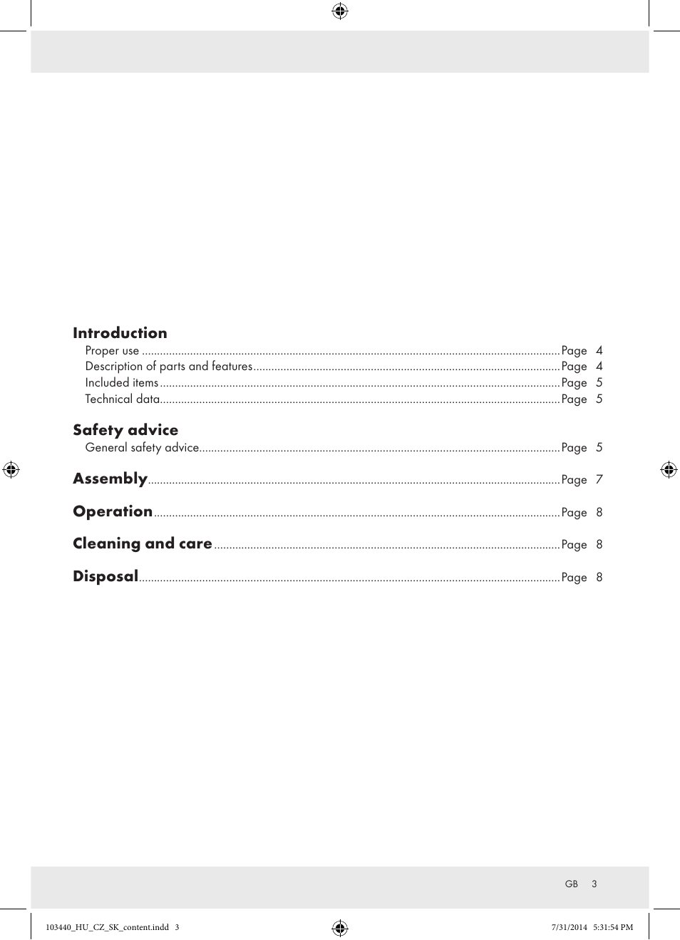 103440_hu_cz_sk_content, Introduction, Safety advice | Assembly, Operation, Cleaning and care, Disposal | Powerfix Z31780 User Manual | Page 5 / 49