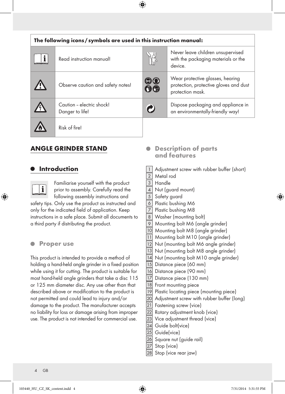 Angle grinder stand, Introduction, Proper use | Description of parts and features | Powerfix Z31780 User Manual | Page 6 / 49