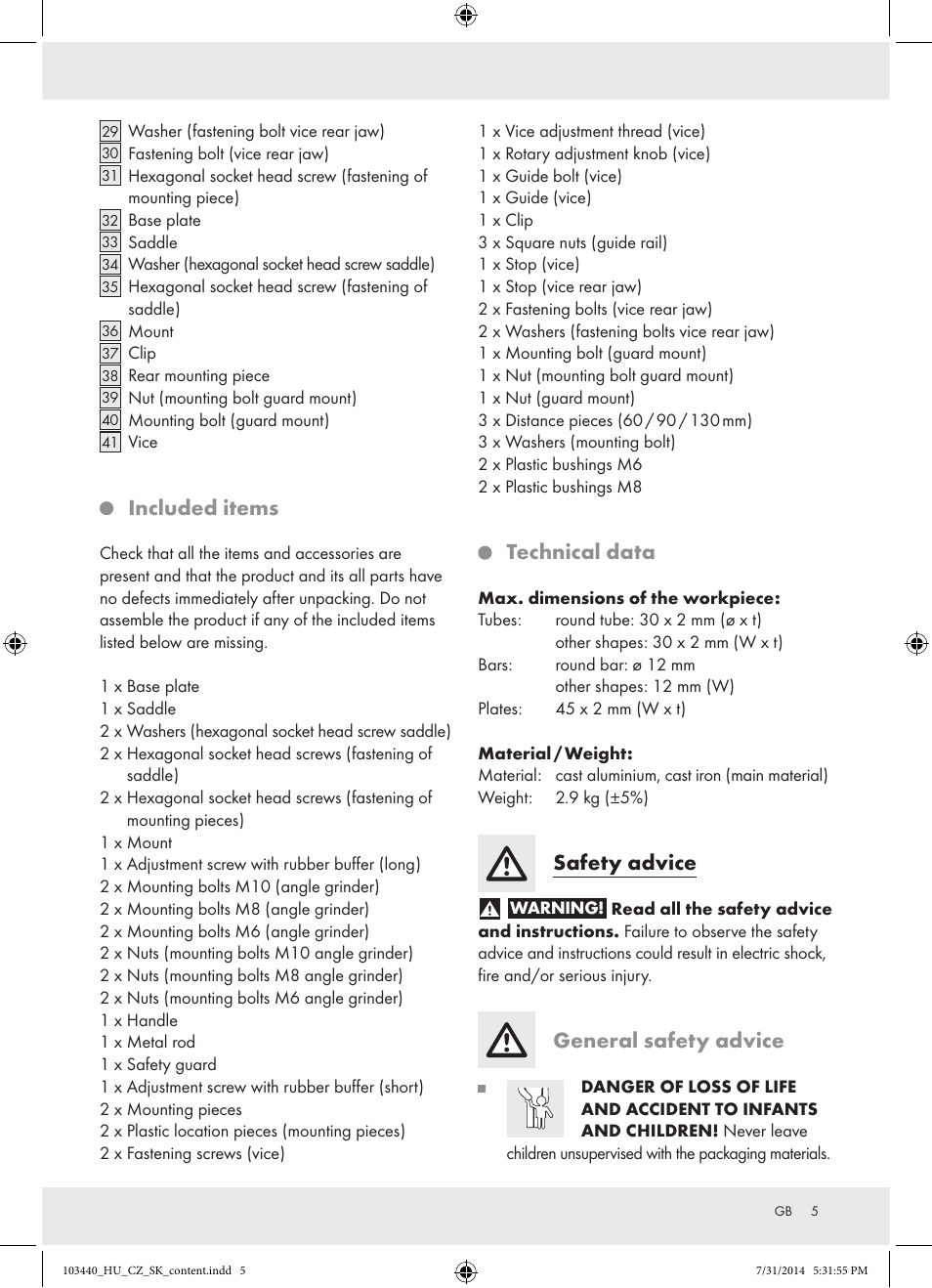 Included items, Technical data, Safety advice | General safety advice | Powerfix Z31780 User Manual | Page 7 / 49