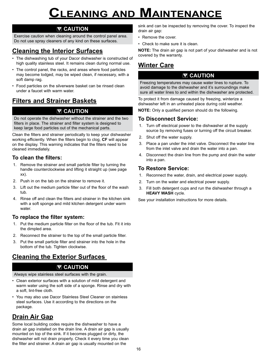 Leaning, Aintenance, Cleaning the interior surfaces | Filters and strainer baskets, Cleaning the exterior surfaces, Drain air gap, Winter care | Dacor MDW24S User Manual | Page 18 / 29