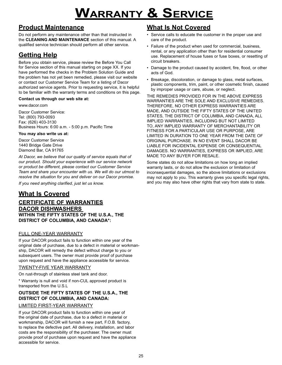 Arranty, Ervice, What is not covered | Product maintenance, Getting help, What is covered | Dacor MDW24S User Manual | Page 27 / 29