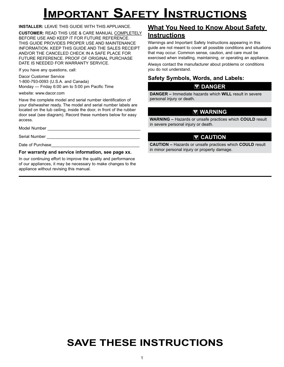 Save these instructions, Mportant, Afety | Nstructions, What you need to know about safety instructions | Dacor MDW24S User Manual | Page 3 / 29