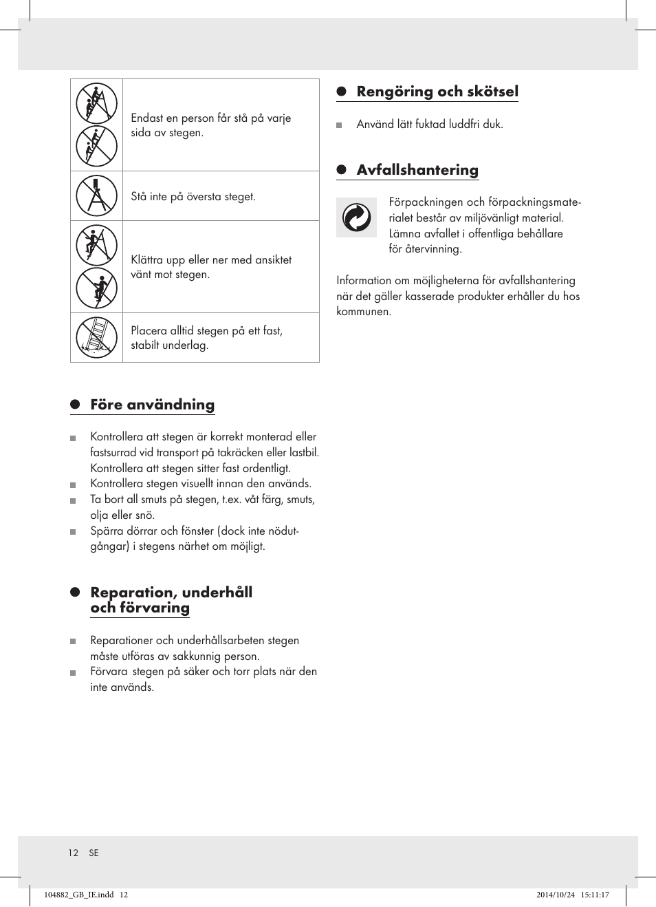 Före användning, Reparation, underhåll och förvaring, Rengöring och skötsel | Avfallshantering | Powerfix Z31966 User Manual | Page 12 / 25