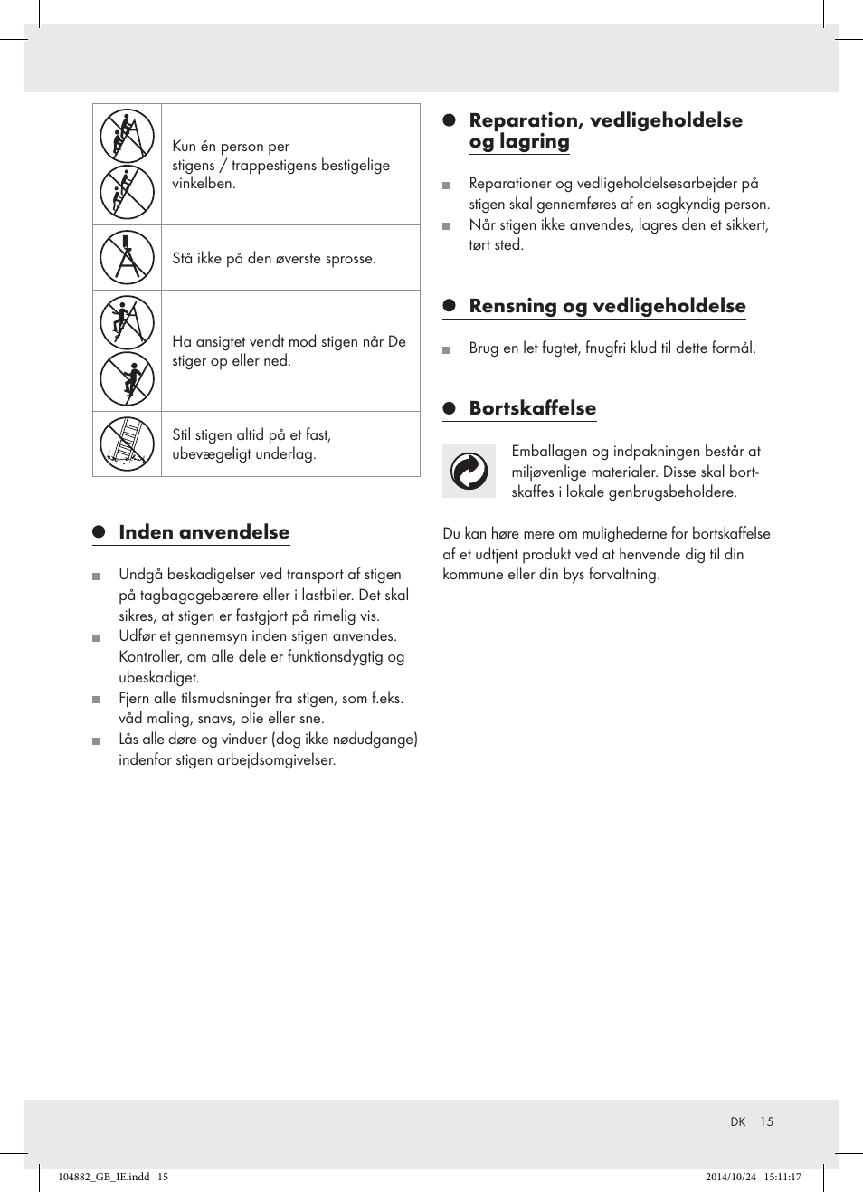 Inden anvendelse, Reparation, vedligeholdelse og lagring, Rensning og vedligeholdelse | Bortskaffelse | Powerfix Z31966 User Manual | Page 15 / 25