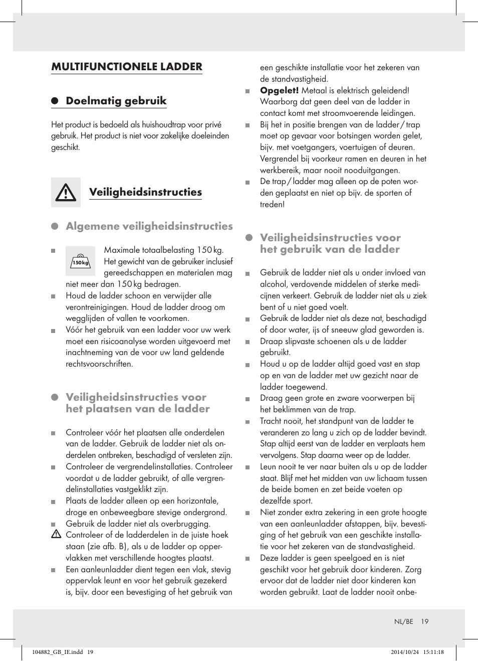 Multifunctionele ladder, Doelmatig gebruik, Veiligheidsinstructies | Algemene veiligheidsinstructies | Powerfix Z31966 User Manual | Page 19 / 25