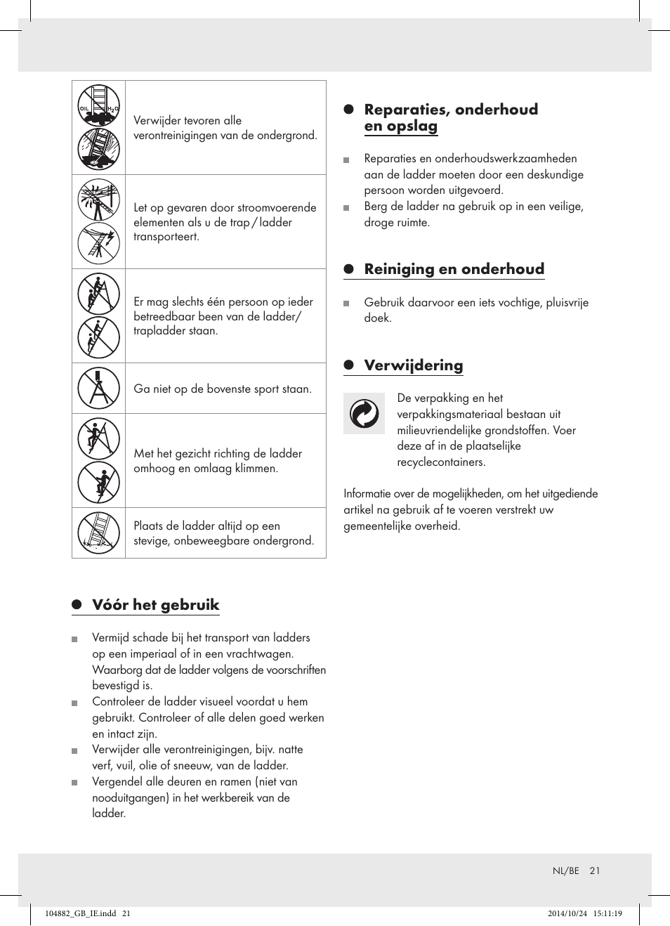 Vóór het gebruik, Reparaties, onderhoud en opslag, Reiniging en onderhoud | Verwijdering | Powerfix Z31966 User Manual | Page 21 / 25