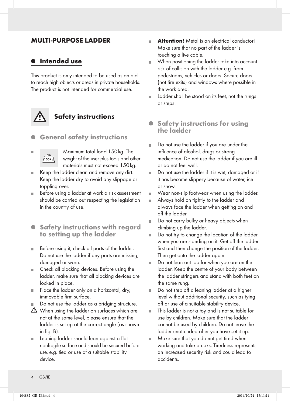 Multi-purpose ladder intended use, Safety instructions general safety instructions, Safety instructions for using the ladder | Powerfix Z31966 User Manual | Page 4 / 25