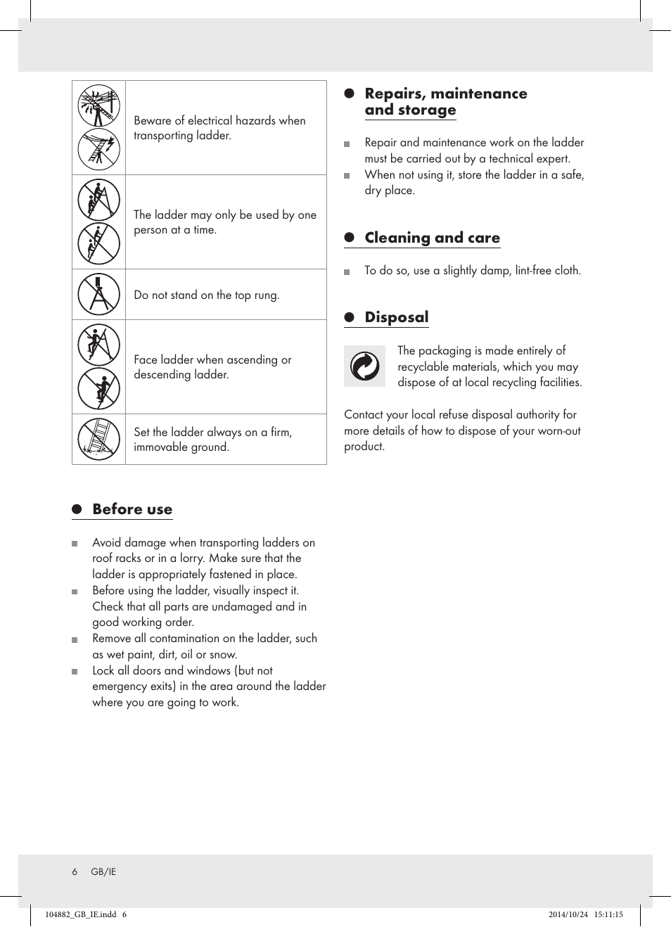 Before use, Repairs, maintenance and storage, Cleaning and care | Disposal | Powerfix Z31966 User Manual | Page 6 / 25