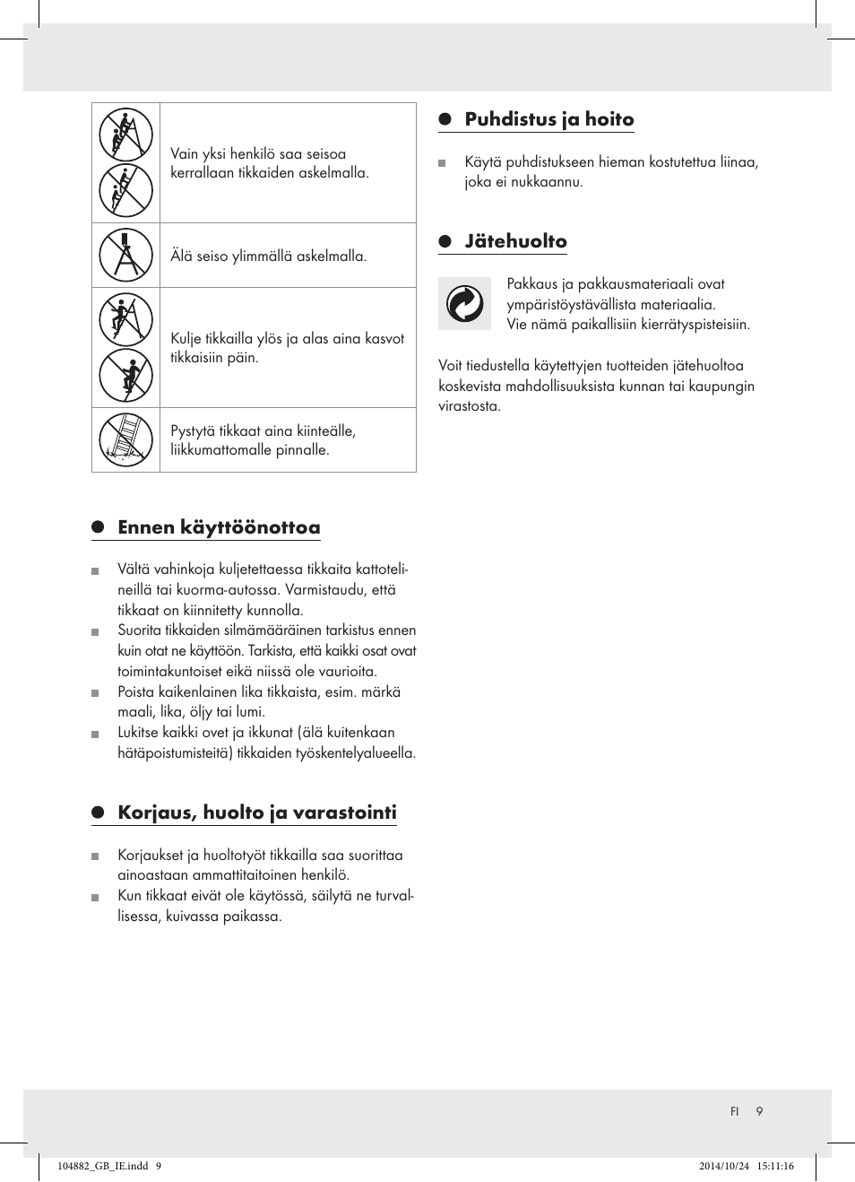 Ennen käyttöönottoa, Korjaus, huolto ja varastointi, Puhdistus ja hoito | Jätehuolto | Powerfix Z31966 User Manual | Page 9 / 25