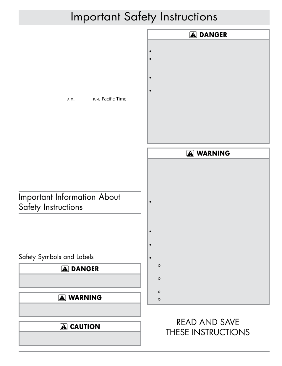 Important safety instructions, Important information about safety instructions, Read and save these instructions | Safety symbols and labels danger, Warning, Caution, Danger | Dacor RV46 User Manual | Page 3 / 12