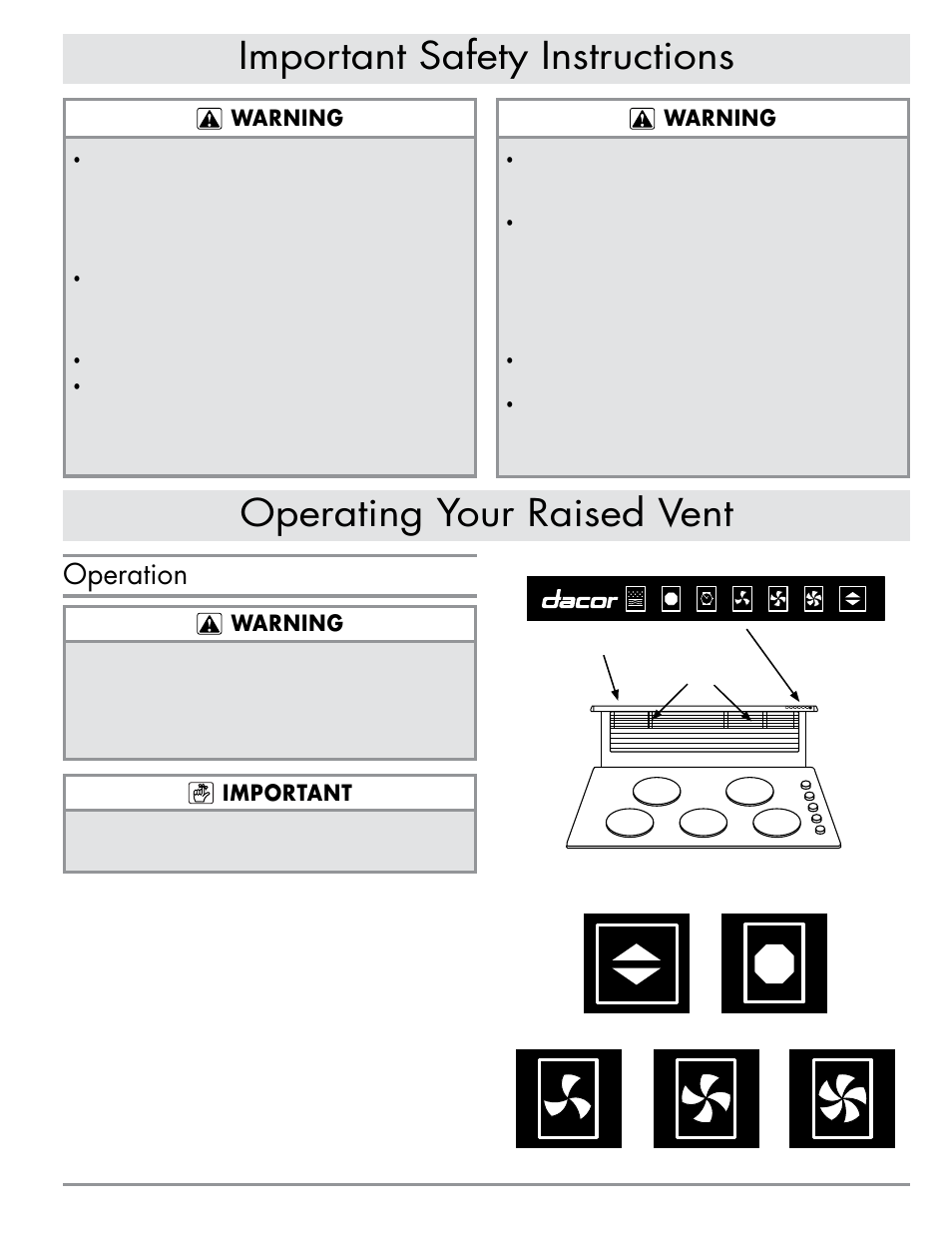 Important safety instructions, Operating your raised vent, Operation | Warning, Important | Dacor RV46 User Manual | Page 5 / 12