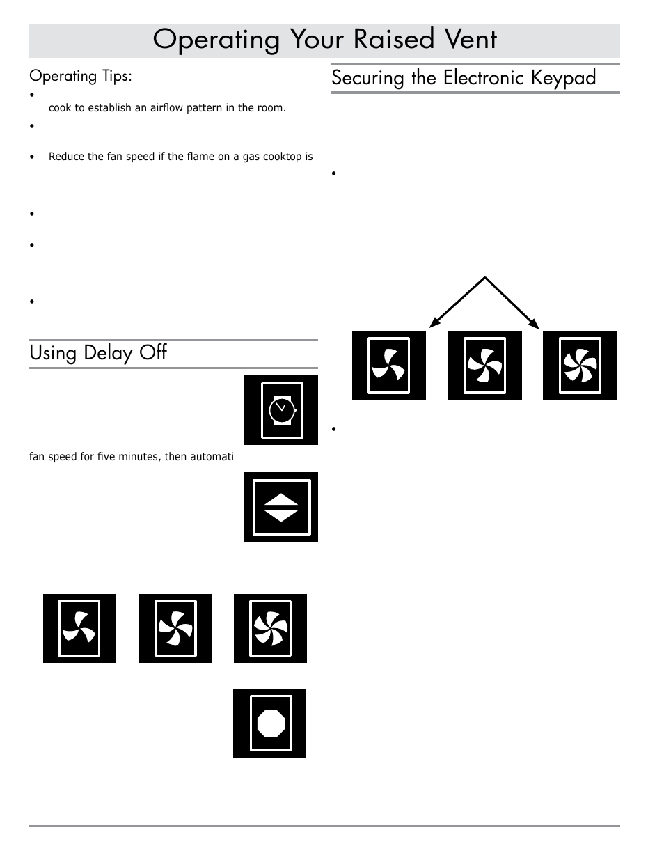Operating your raised vent, Securing the electronic keypad, Using delay off | Operating tips | Dacor RV46 User Manual | Page 6 / 12