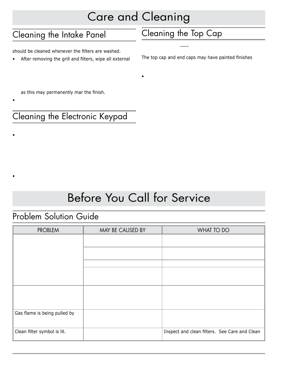 Before you call for service, Care and cleaning, Problem solution guide | Cleaning the intake panel, Cleaning the electronic keypad, Cleaning the top cap | Dacor RV46 User Manual | Page 8 / 12