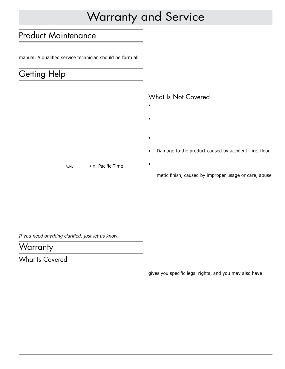 Warranty and service, Product maintenance, Getting help | Warranty, What is covered, What is not covered | Dacor RV46 User Manual | Page 9 / 12