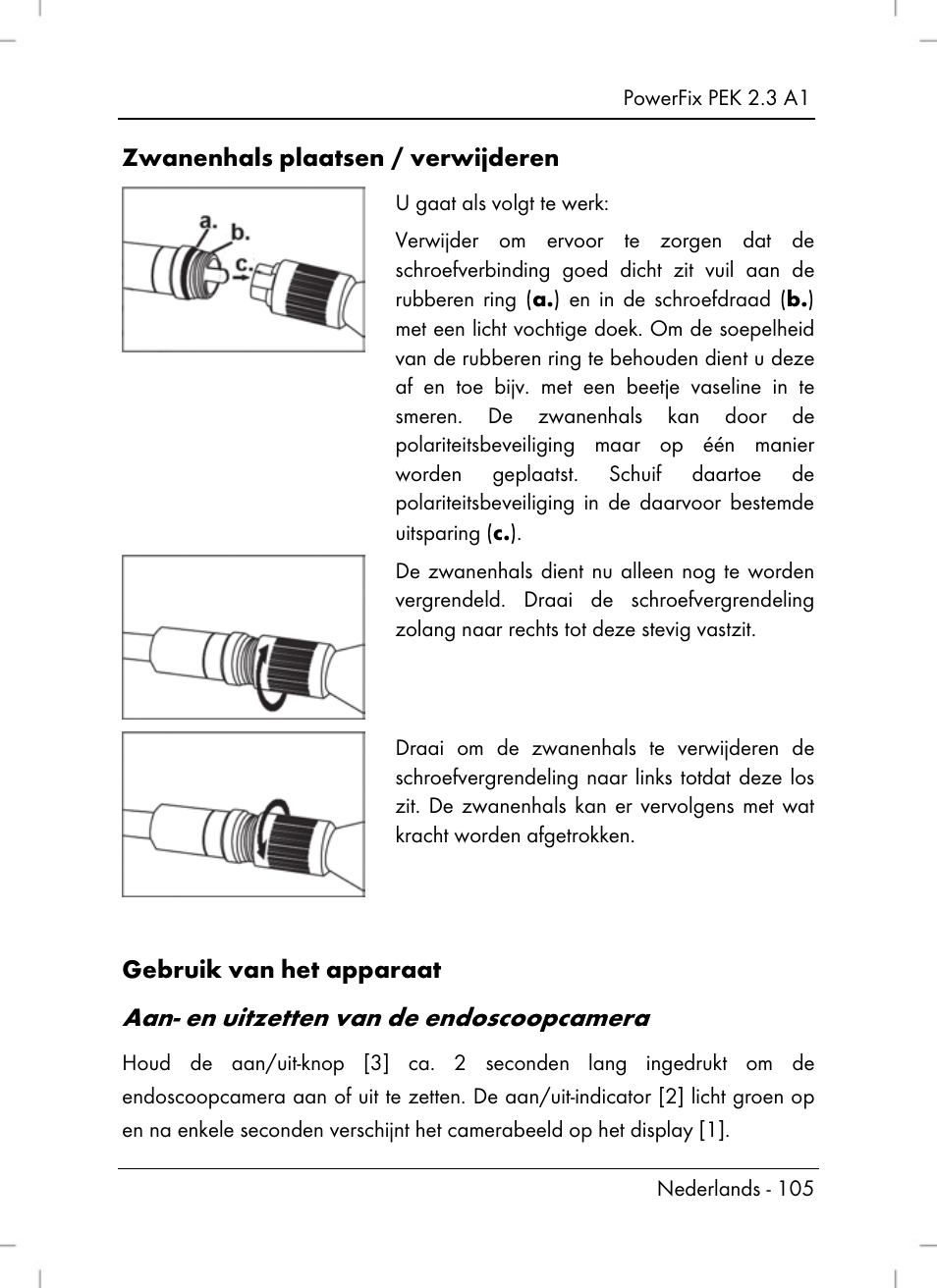 Aan- en uitzetten van de endoscoopcamera | Powerfix PEK 2.3 A1 User Manual | Page 107 / 136