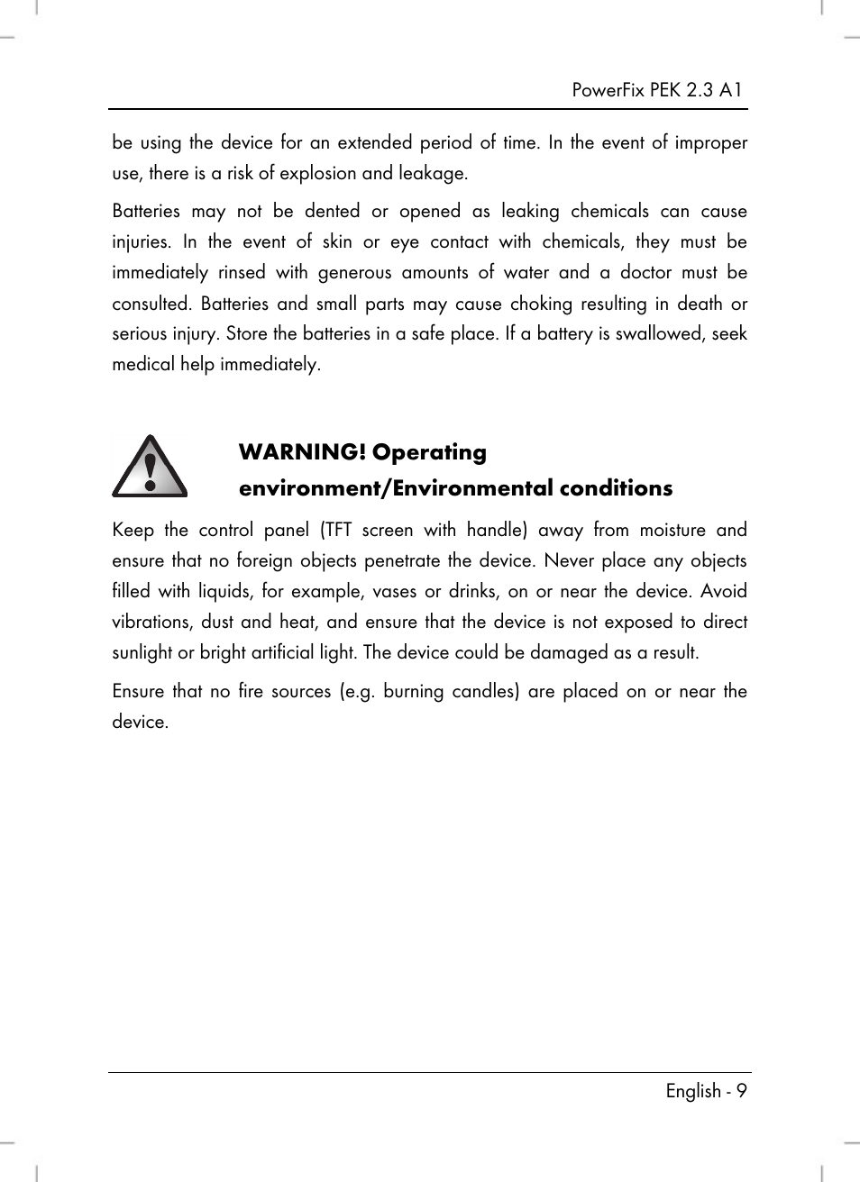 Warning, Operating environment/environmental conditions | Powerfix PEK 2.3 A1 User Manual | Page 11 / 136