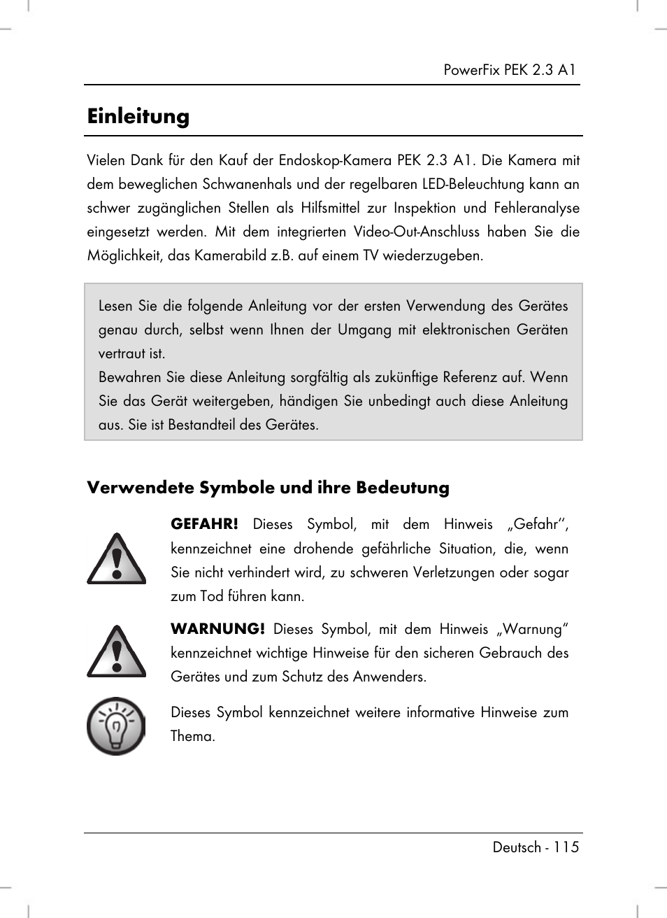 Einleitung, Verwendete symbole und ihre bedeutung | Powerfix PEK 2.3 A1 User Manual | Page 117 / 136