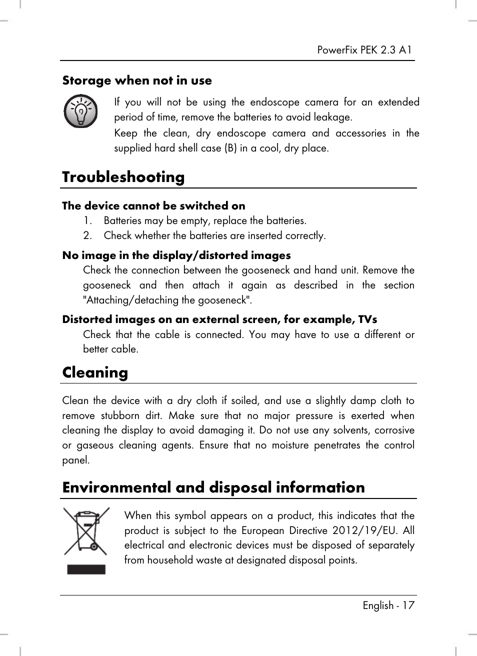 Troubleshooting, Cleaning, Environmental and disposal information | Powerfix PEK 2.3 A1 User Manual | Page 19 / 136