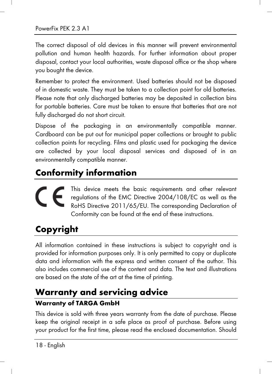 Conformity information, Copyright, Warranty and servicing advice | Powerfix PEK 2.3 A1 User Manual | Page 20 / 136