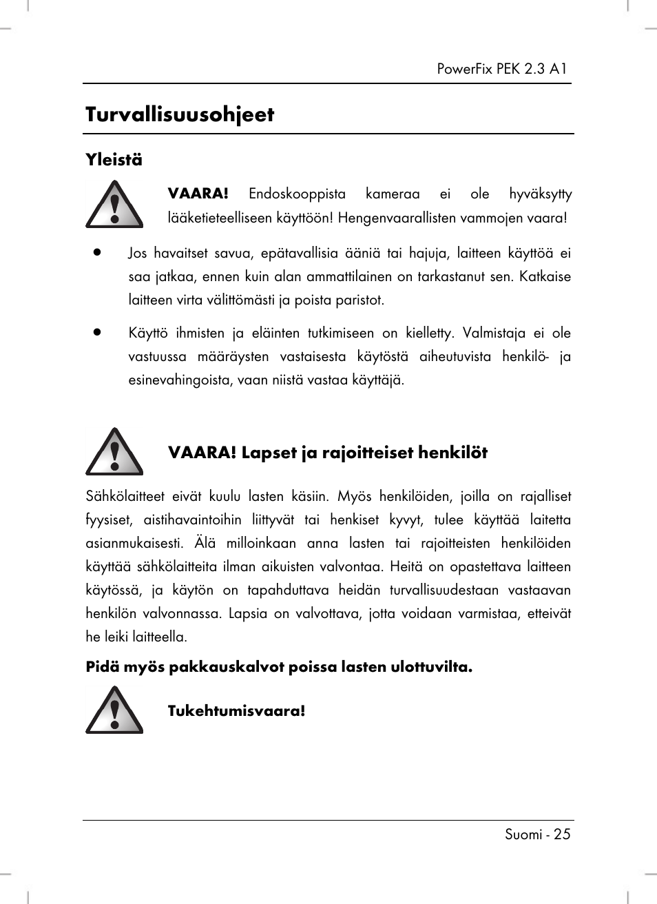 Turvallisuusohjeet | Powerfix PEK 2.3 A1 User Manual | Page 27 / 136