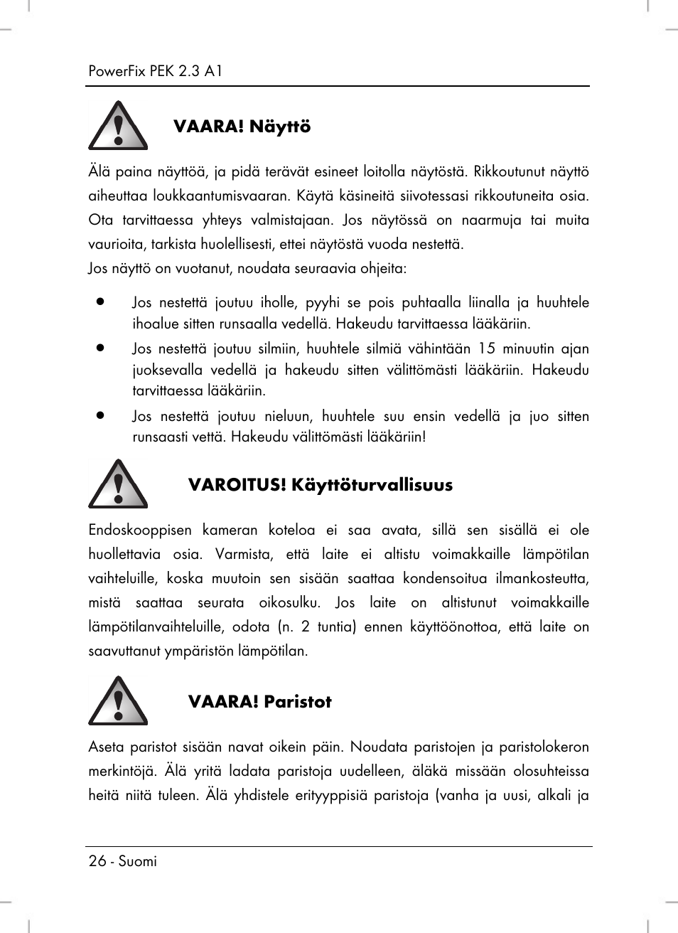 Vaara! näyttö, Varoitus! käyttöturvallisuus, Vaara! paristot | Powerfix PEK 2.3 A1 User Manual | Page 28 / 136