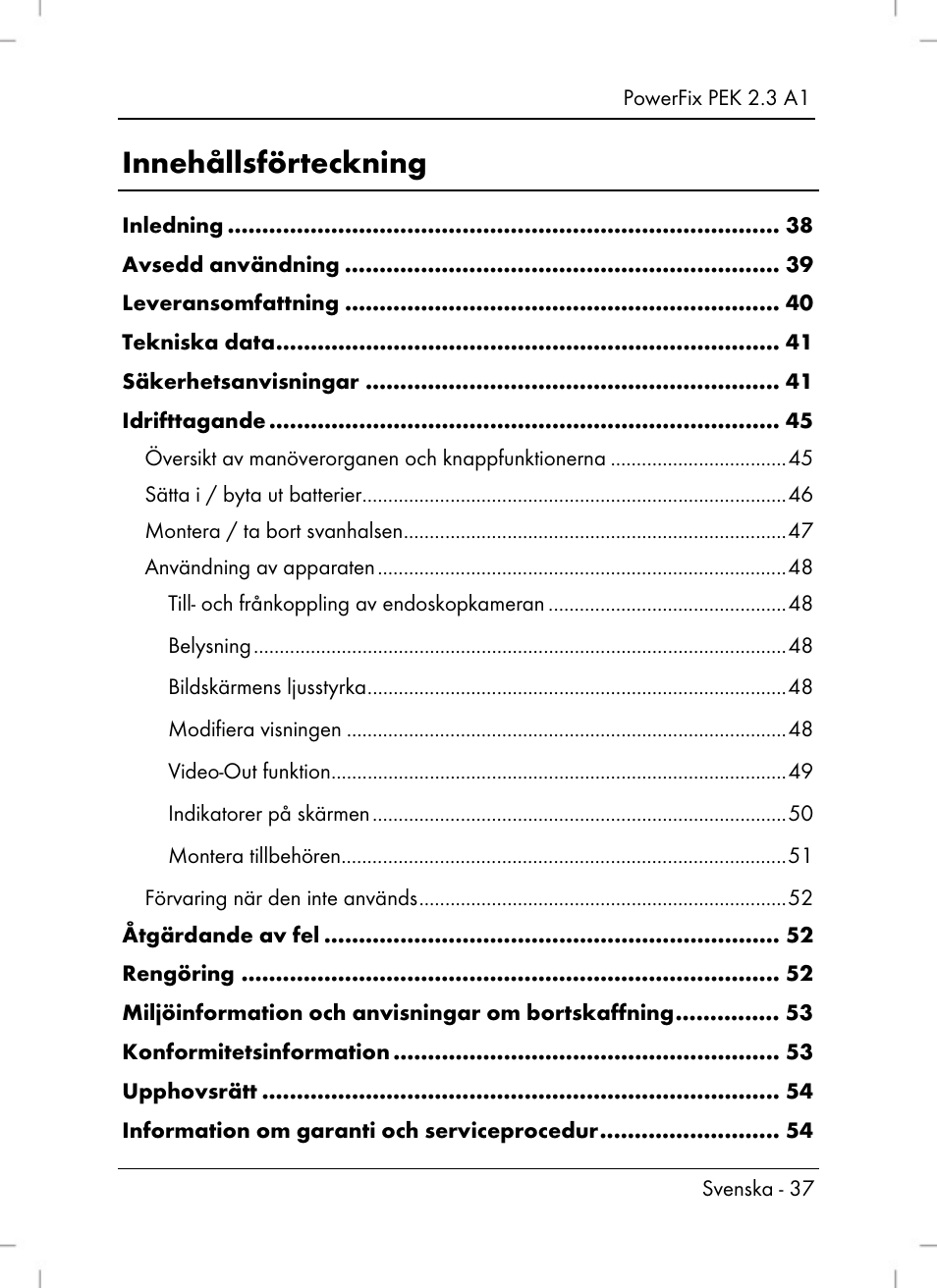 Innehållsförteckning | Powerfix PEK 2.3 A1 User Manual | Page 39 / 136