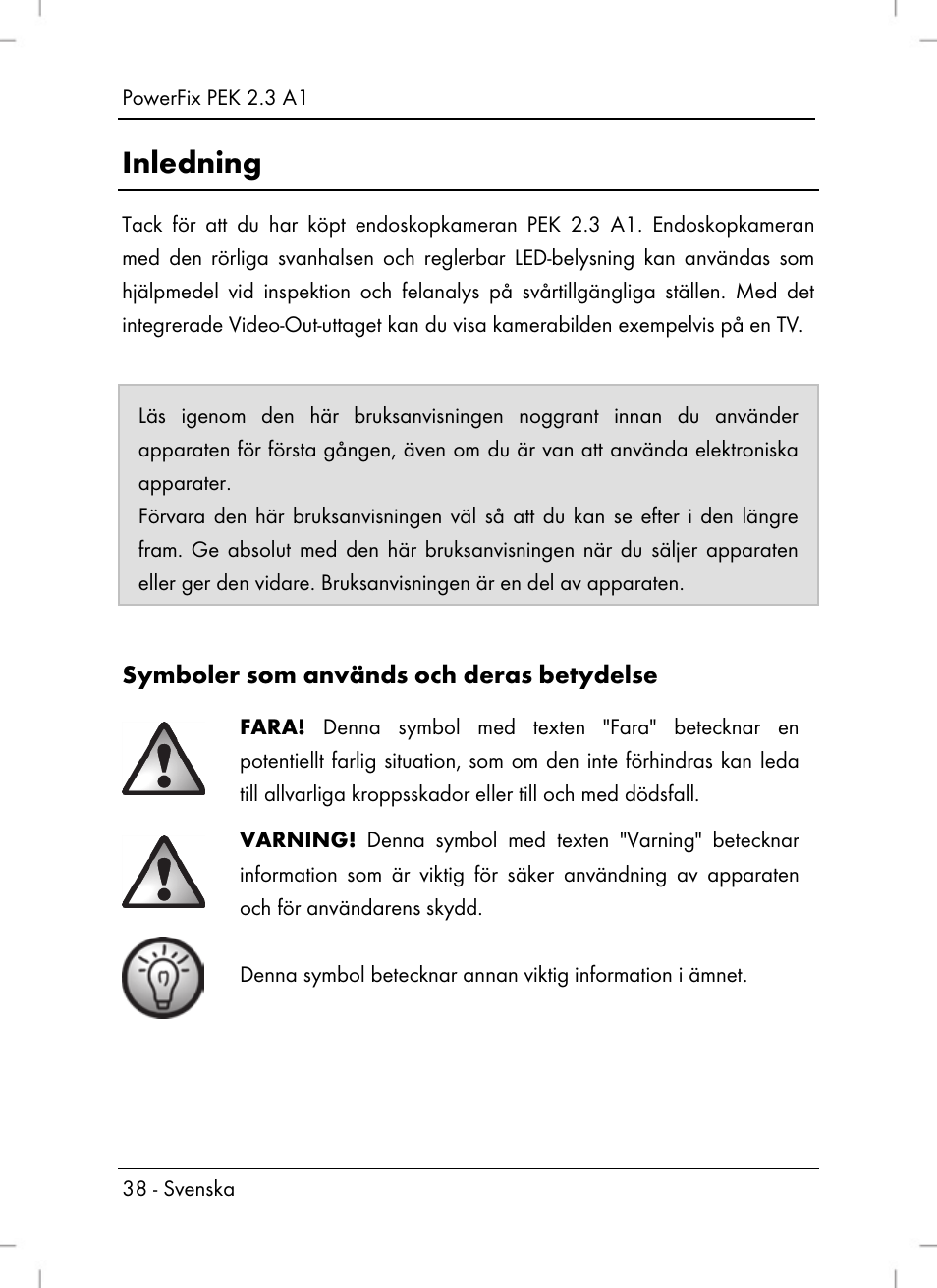 Inledning, Symboler som används och deras betydelse | Powerfix PEK 2.3 A1 User Manual | Page 40 / 136