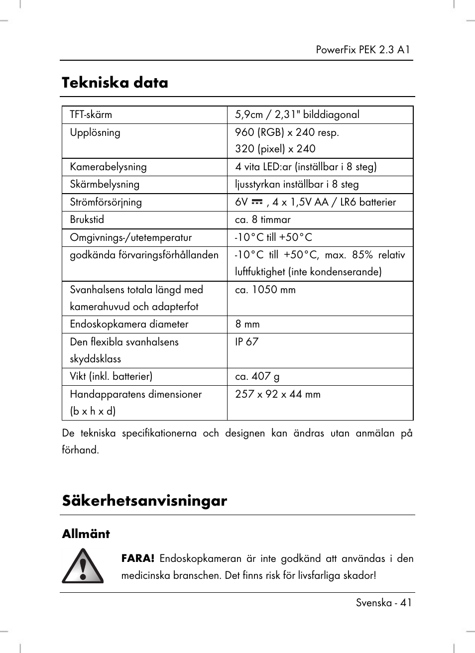 Tekniska data, Säkerhetsanvisningar, Allmänt | Powerfix PEK 2.3 A1 User Manual | Page 43 / 136