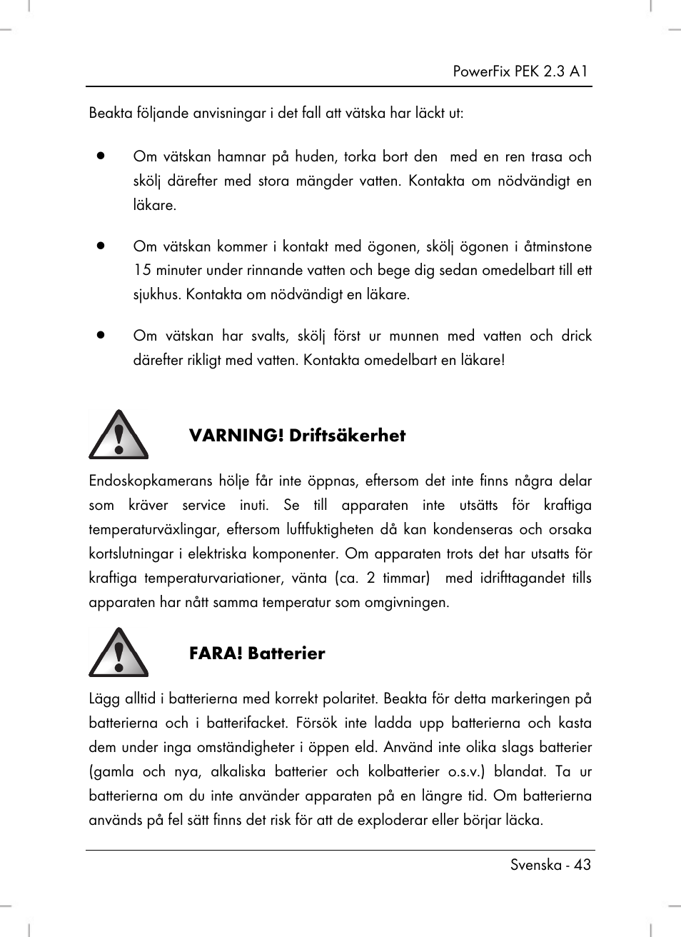 Varning! driftsäkerhet, Fara! batterier | Powerfix PEK 2.3 A1 User Manual | Page 45 / 136