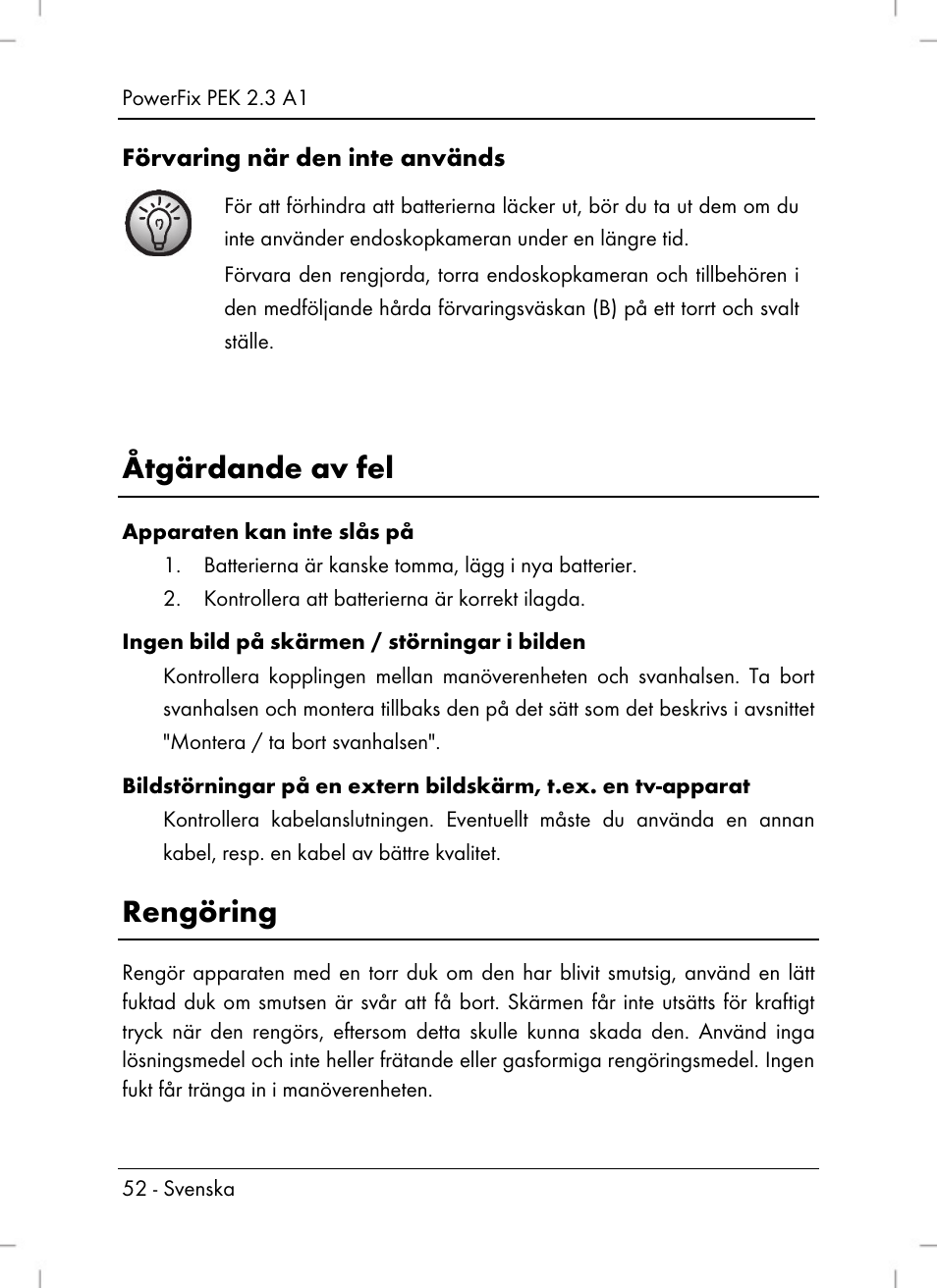 Åtgärdande av fel, Rengöring | Powerfix PEK 2.3 A1 User Manual | Page 54 / 136