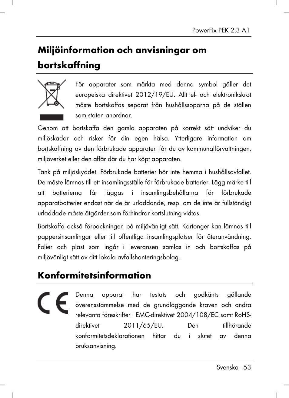 Miljöinformation och anvisningar om bortskaffning, Konformitetsinformation | Powerfix PEK 2.3 A1 User Manual | Page 55 / 136