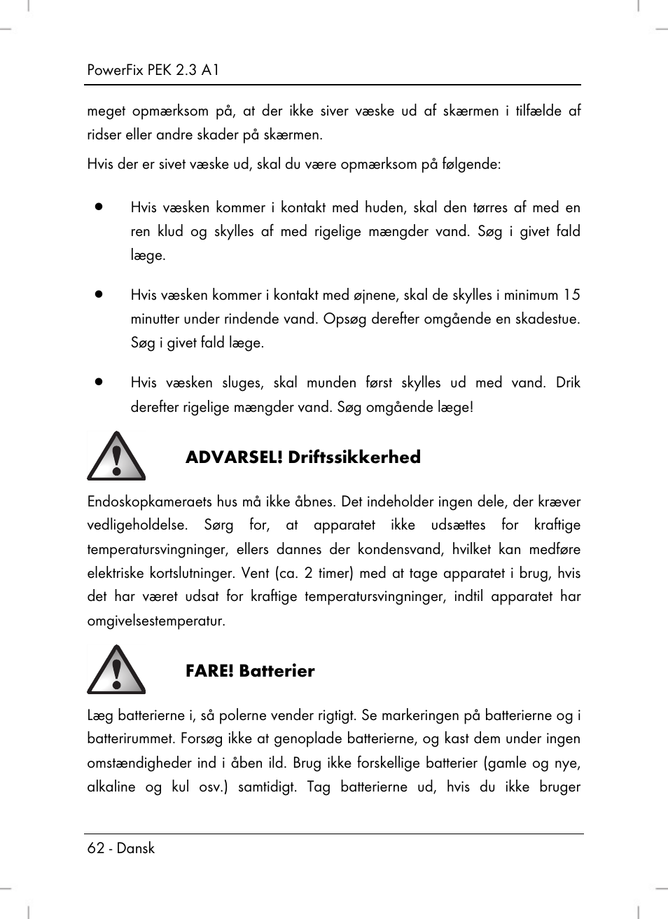 Advarsel! driftssikkerhed, Fare! batterier | Powerfix PEK 2.3 A1 User Manual | Page 64 / 136