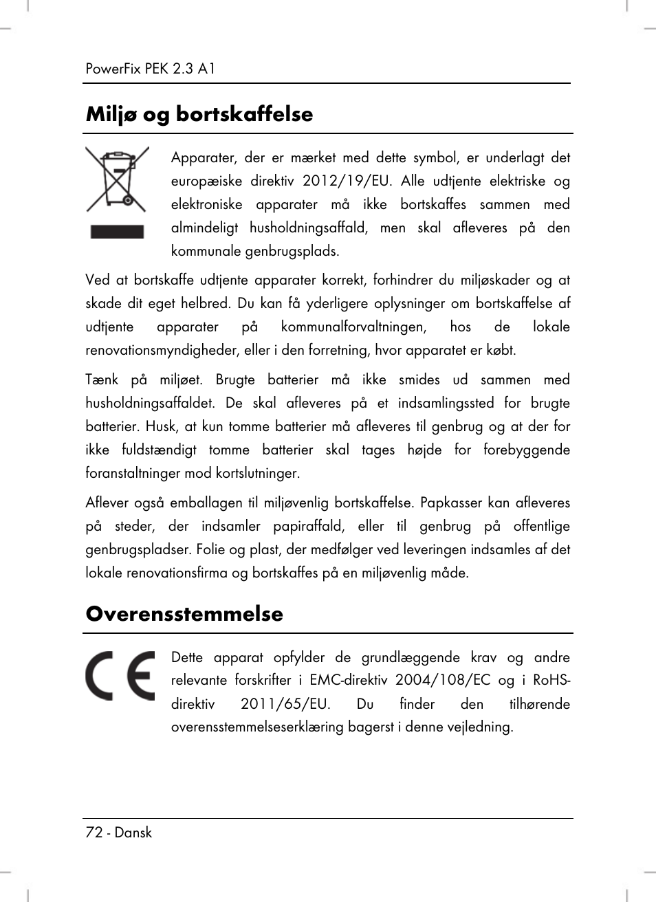 Miljø og bortskaffelse, Overensstemmelse | Powerfix PEK 2.3 A1 User Manual | Page 74 / 136